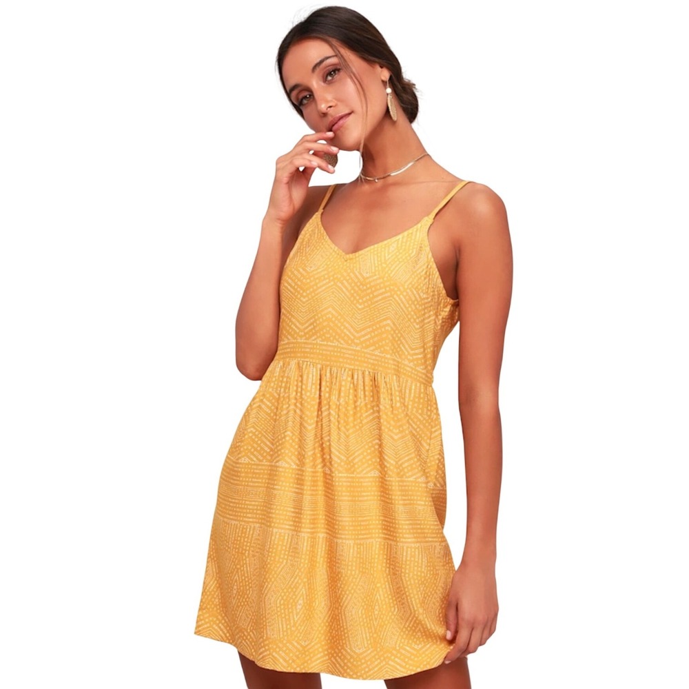 RVCA Womens Yellow Geometric Print V-Neck Mini Dress Sun Dress Small